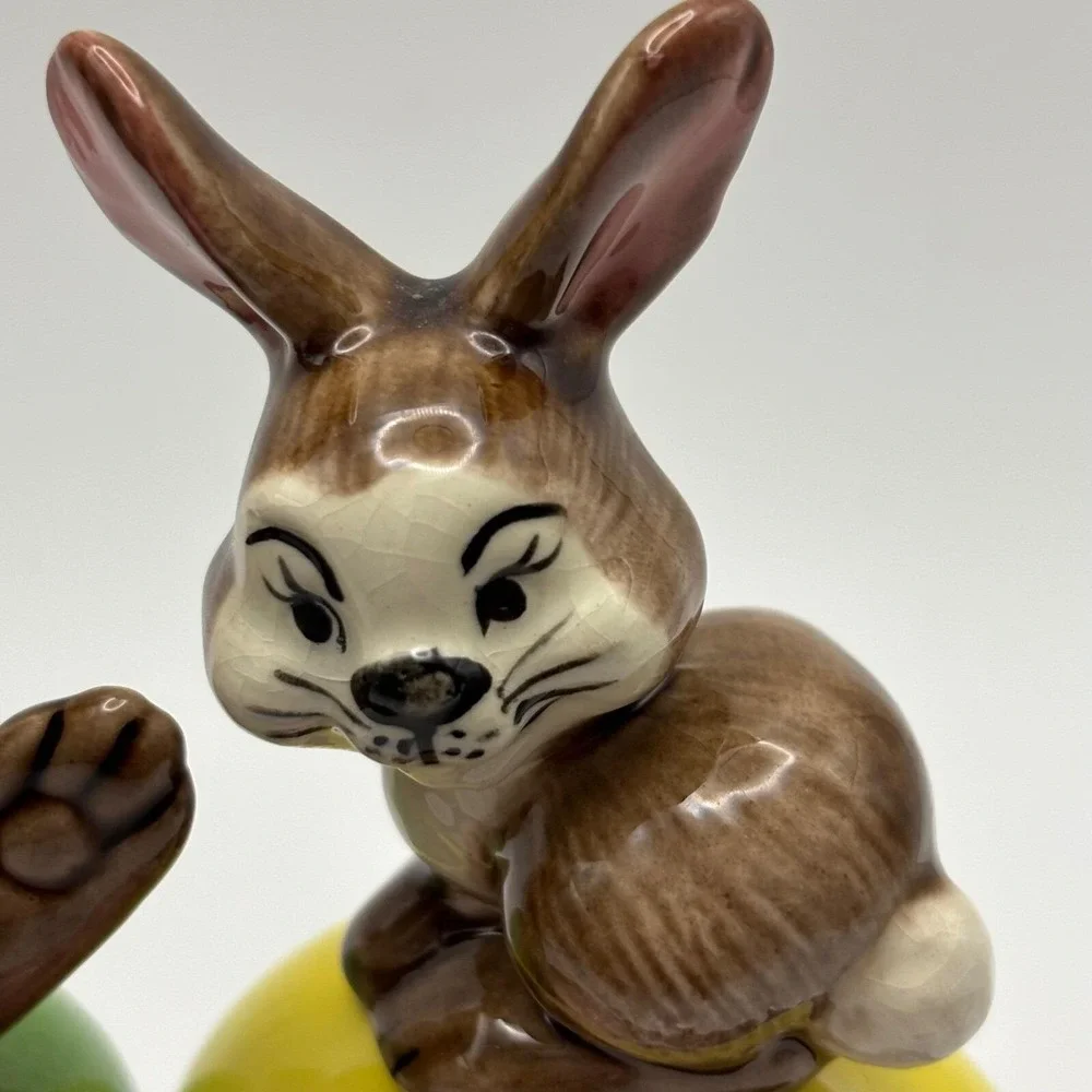 Ceramic Easter Bunnies on‎ Eggs Figurine Spring Holiday Decor Cute